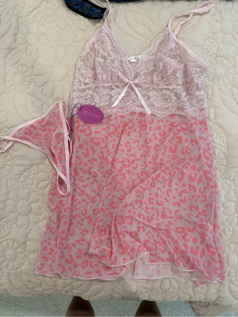 Sheer Pink Leopard-Print Lace Chemise with Matching Thong